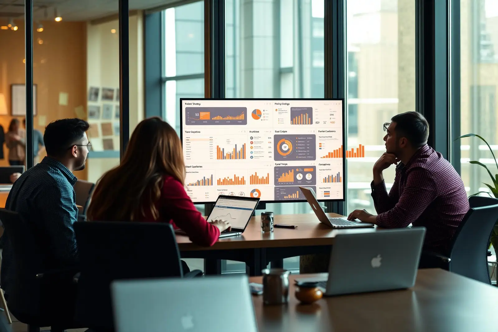 Equipe reunida em escritório analisando painéis de resultados de marketing em monitores e notebooks